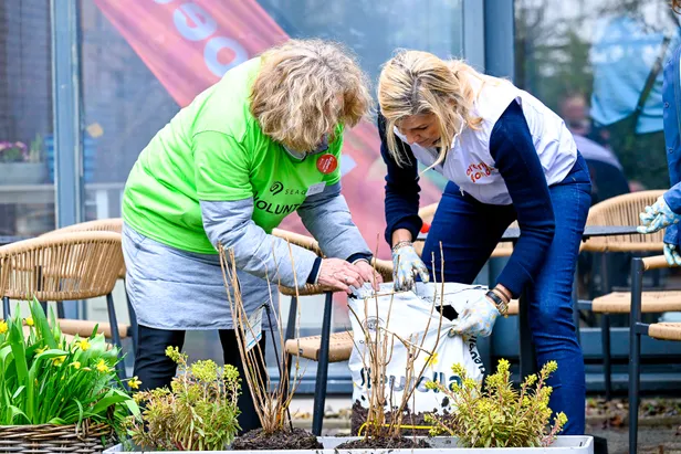 Koningin Máxima en vrijwilliger van NLdoet poten planten.