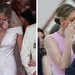 Tweeluik foto's van een huilende prinses Charlene, links bij haar huwelijk in 2011 en rechts bij het jubileum van prins Albert, juli 2025.