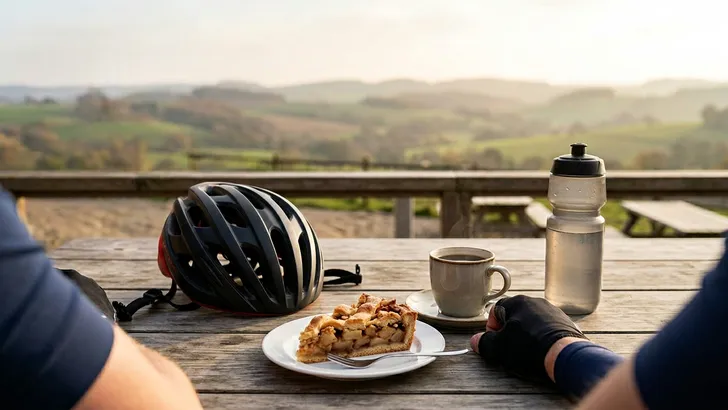 Point of view van een wielrenner die neerkijkt op een houten tafel op een terras. Op de tafel staan een punt appeltaart met slagroom, een kop koffie, een zwarte fietshelm en een bidon.