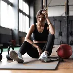 Young woman sitting on floor after her workout and looking down. Female athlete taking rest after fitness training