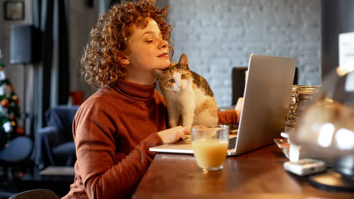 Young woman with cat using laptop