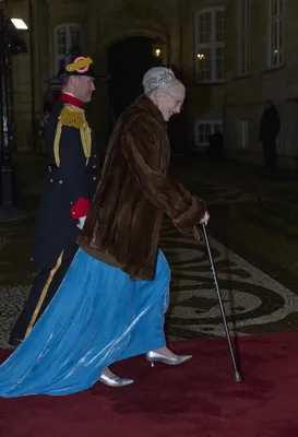 Koningin Margrethe koos voor een helderblauwe fluwelen galajurk 