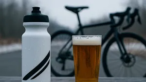 Bidon en pint bier naast elkaar op een houten tafel, met een racefiets onscherp op de achtergrond in een grijze winterse setting.
