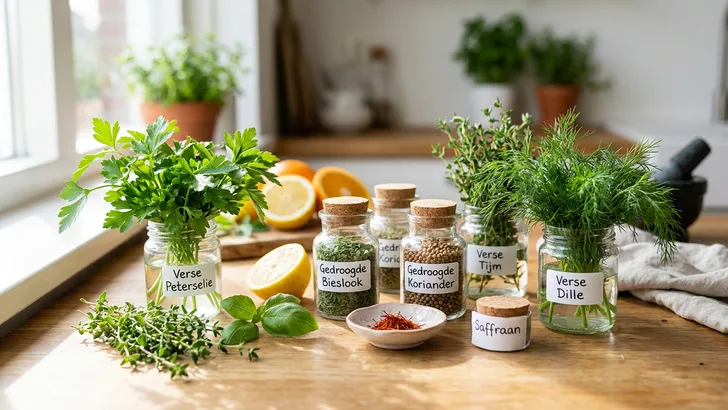 Zes alledaagse kruiden en specerijen die verrassend veel vitamine C bevatten, op een houten ondergrond