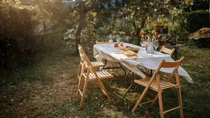 Dining table with appetizers for birthday party at backyard