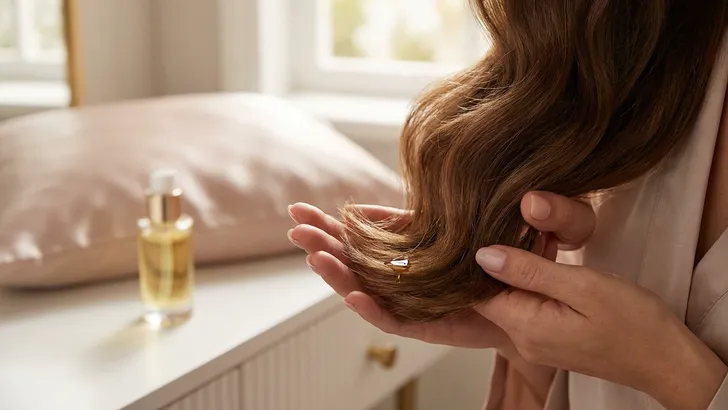 Afbeelding van een vrouw die olie in haar lange, gezonde en glanzende haar doet.