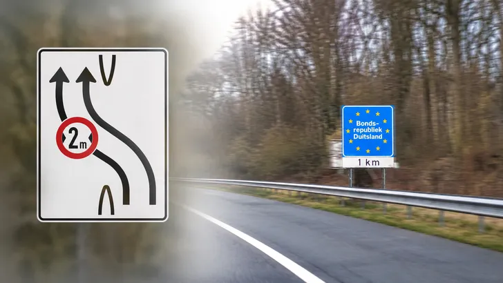 Duits grensbord en rijstrookbord met maximale breedte van twee meter