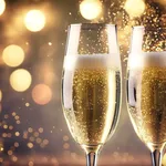 Two glasses of champagne with glitter lights bokeh background