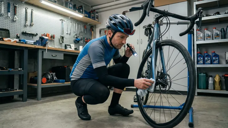 Mannelijke wielrenner met helm, armstukken en beenstukken inspecteert geconcentreerd de schijfrem van zijn racefiets in een garage, om zo dure reparaties en onveilige situaties te voorkomen.