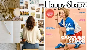 Collage met plaatjes, notitieboek en de nieuwe cover van Happy in Shape met Carolien Spoor