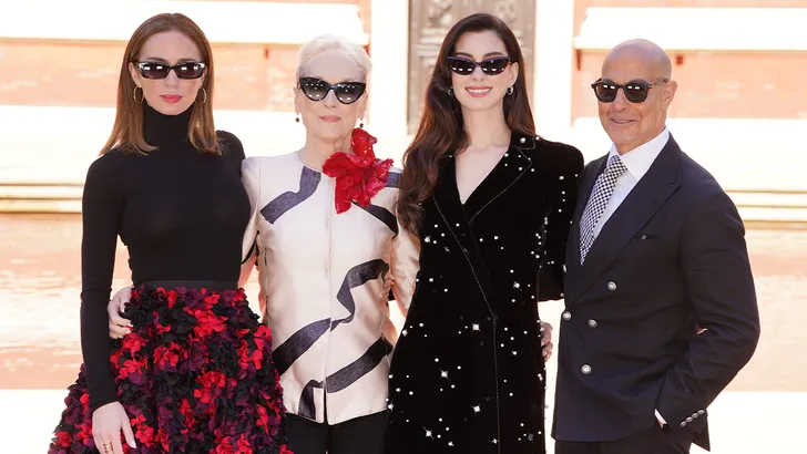 Emily Blunt, Meryl Streep, Anne Hathaway en Stanley Tucci op de première van The Devil Wears Prada 2 in Londen