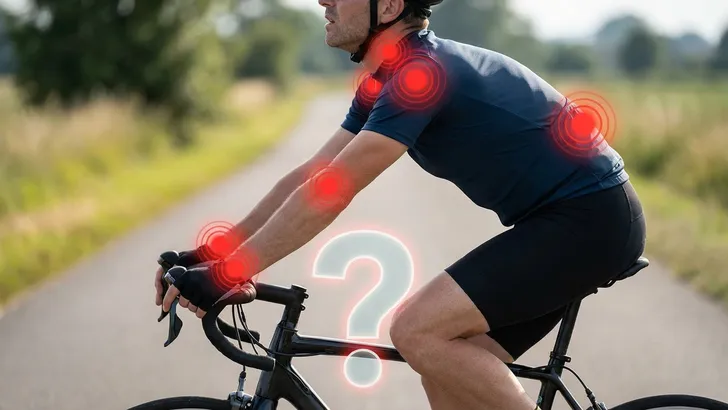 Een wielrenner in een oncomfortabele fietshouding, waarbij rode pijlen wijzen naar pijnpunten op zijn nek, rug en handen, en een groot vraagteken de aandacht vestigt op het stuur.
