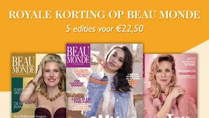 Royale Korting op Beau Monde. – Banner met collage magazine-covers en informatie over een kortingsactie op Beau Monde.