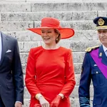 Foto van prins Gabriël, koningin Mathilde en koning Filip bij het Te Deum in 2023.