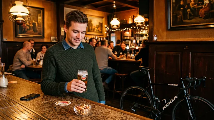 Een peinzende mannelijke amateurwielrenner in vrijetijdskleding houdt een glas Amstel bier vast aan de bar van een Nederlands bruin café, met zijn Koga racefiets geparkeerd tegen de houten wand op de achtergrond.