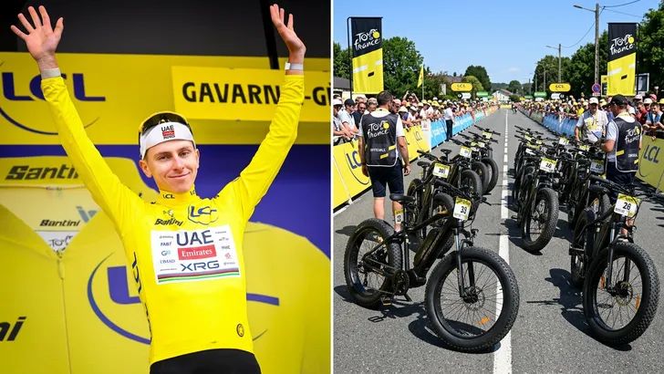 Een split-screen afbeelding: aan de linkerkant wielrenner Tadej Pogacar, en aan de rechterkant een rij fatbikes die klaarstaan bij de start van een wielerkoers.