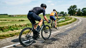 Actiefoto van een mannelijke wielrenner in een aerodynamisch pak die met hoge snelheid door een Nederlands polderlandschap fietst, waarbij hij een andere fietser inhaalt.