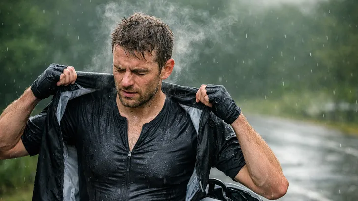 Wielrenner na dat hij ging fietsen in de regen, helm net af, zichtbaar stoom van zijn hoofd terwijl hij een nat regenjasje opent op een natte weg.