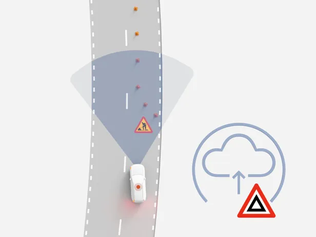 Volvo Connected Safety waarschuwt een auto voor wegwerkzaamheden verderop