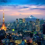 Aerial view of Tokyo cityscape with Fuji mountain in Japan.