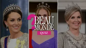 Beau Monde's Grote Tiara Quiz – Drieluik foto's van prinses Kate, prinses Amalia en koningin Máxima met tiara's.