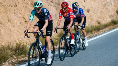 Gall, Mas en Roglic in actie in een bergetappe in de Vuelta.