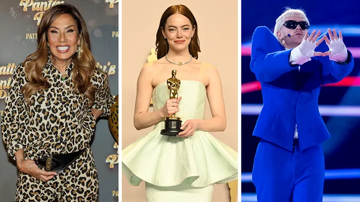 Beau Monde's grote glamourquiz – Drieluik foto's met links Patty Brard in panterprint, midden Emma Stone met een Oscar en rechts Joost Klein tijdens een Songfestival-repetitie in Malmö.