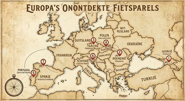 Gestileerde kaart van Europa met de titel '7 Onontdekte Fietswalhalla's', waarop de zeven besproken fietsbestemmingen in Portugal, Spanje, Slovenië, Tsjechië, Polen, Roemenië en Georgië met nummers zijn gemarkeerd.
