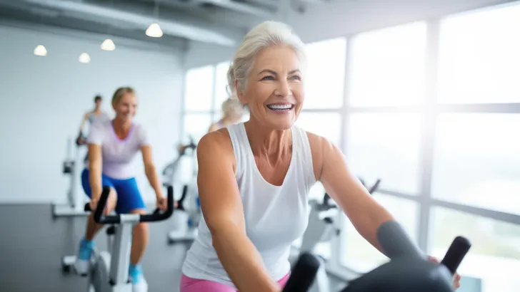 Smiling happy healthy fit slim senior woman with grey hair practising indoors sport with group of people on an exercise bike in gym.