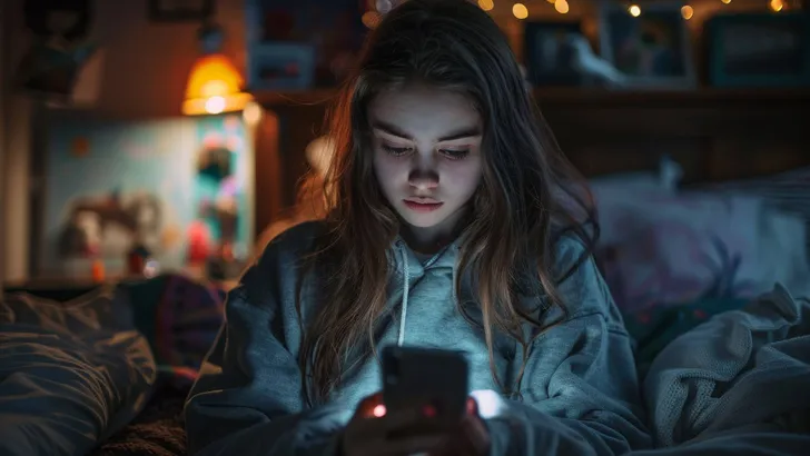 Sad teenage girl looking at smartphone. Teenager checking  smartphone at bedroom. Teen scrolling through social media on her phone screen. Internet addiction in kids. Generative ai