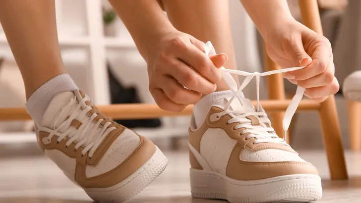 Een vrouw die haar schoenen aantrekt