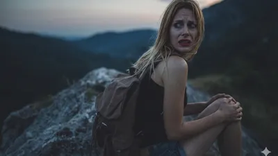 Angstige vrouw alleen gelaten op een berg