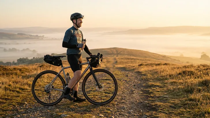 Een wielrenner met helm kijkt tevreden uit over een mistig heuvellandschap bij zonsopgang, staand naast zijn titanium gravelbike met bikepacking-tassen.