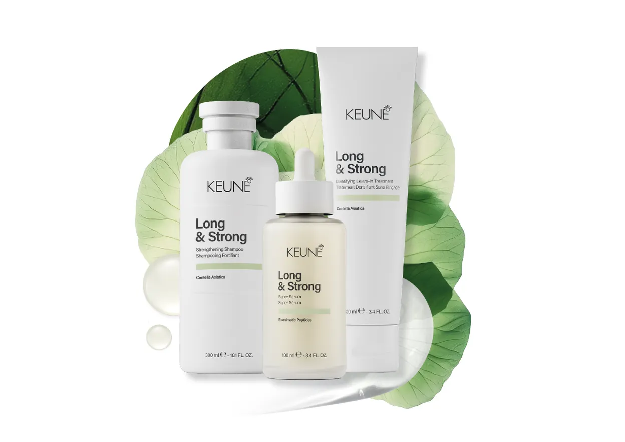 KEUNE LONG & STRONG STRENGTHENING SHAMPOO, 300 ML € 24,45, KEUNE LONG & STRONG STRENGTHENING CONDITIONER, 250 ML € 25,45, KEUNE LONG & STRONG LEAVE-IN TREATMENT, 100 ML € 31,95, KEUNE LONG & STRONG SUPER SERUM, 100 ML € 37,45