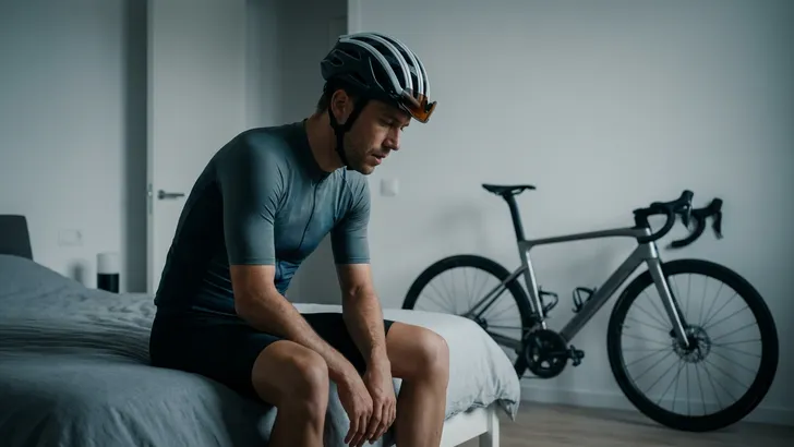 Een vermoeide mannelijke wielrenner met helm zit in zijn wieleroutfit op de rand van een bed in een sfeervolle kamer met zijn racefiets op de achtergrond.