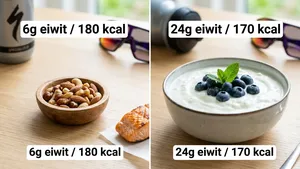 en gesplitste afbeelding die links een kom met noten toont met de tekst '6g eiwit / 180 kcal' en rechts een grotere kom met magere kwark met de tekst '24g eiwit / 170 kcal', als illustratie van proteïne-efficiëntie.