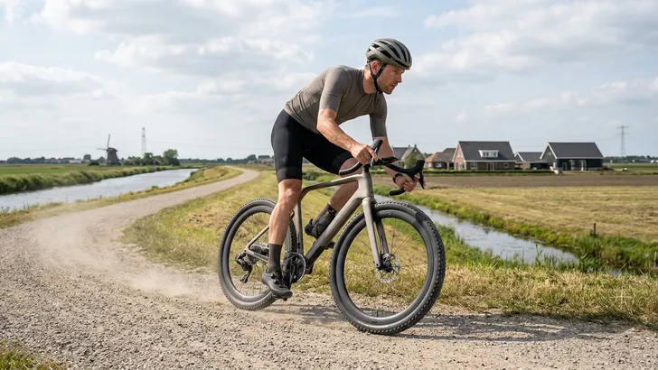 Mannelijke wielrenner met helm rijdt op een aero gravelbike met een ongeveerde voorvork en extreem brede mountainbikebanden over een Nederlands gravelpad langs een dijk.