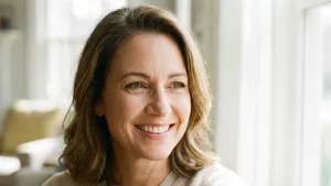 Close-up van een lachende vrouw waarbij de lachrimpels of kraaienpootjes rond haar ogen zichtbaar zijn als teken van levensvreugde.