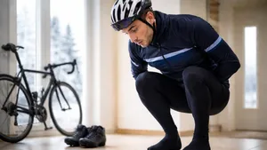 Wielrenner in winterkleding die thuis op een weegschaal stapt en verbaasd naar het display kijkt, met een racefiets onscherp op de achtergrond.