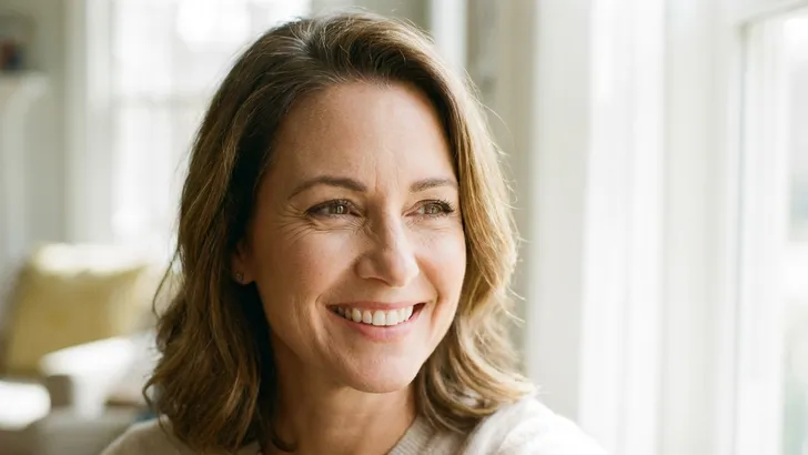 Close-up van een lachende vrouw waarbij de lachrimpels of kraaienpootjes rond haar ogen zichtbaar zijn als teken van levensvreugde.