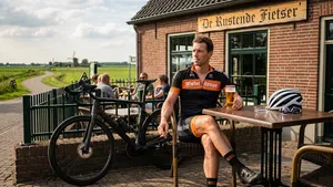 Mannelijke wielrenner in fietskleding zit zonder helm op een zonnig Nederlands terras met een glas bier en een sigaret op tafel.