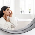 Young asian woman looking at mirror, checking skin