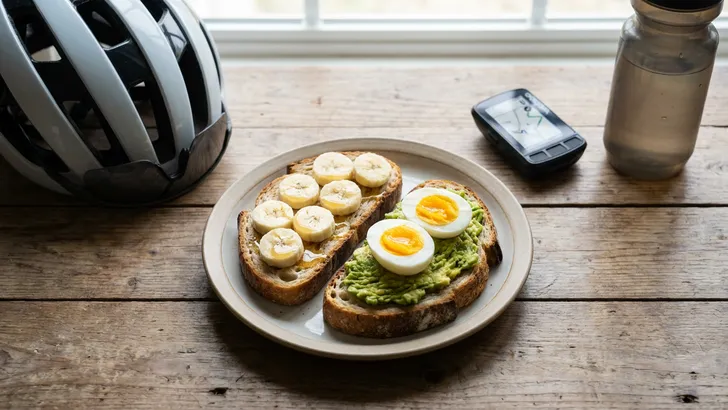 Een flatlay foto van een rustiek houten tafel met daarop twee dikke sneden belegd zuurdesembrood, een fietshelm, een fietscomputer en een bidon, als voorbereiding op een fietstocht.