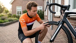 Mannelijke wielrenner zonder helm controleert gehurkt de draairichting en de pijl op de buitenband van zijn racefiets.