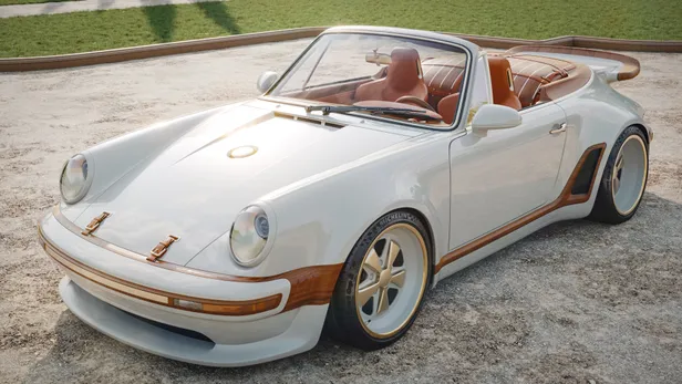 Rendering van de witte Louis Vuitton x Singer Porsche 911 Classic Turbo cabriolet met houten carrosseriedetails.