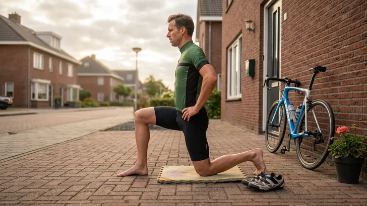 Mannelijke wielrenner doet thuis op de oprit een lunge stretch voor zijn rit om zijn bilspieren te activeren, met zijn racefiets op de achtergrond.