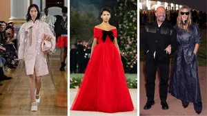 Drieluik foto's van London Fashion Week, september 2025. Links een model bij Simone Rocha, midden bij Richard Quinn en rechts Rosie Huntington-Whiteley met echtgenoot Jason Statham.