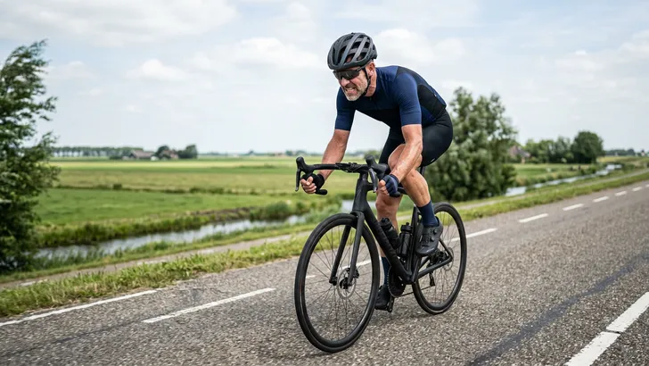 Mannelijke 50-plus wielrenner levert een zware inspanning tijdens een intensieve training op de racefiets.