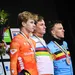 Tibor Del Grosso, Mathieu van der Poel en Thibau Nys op het podium van het WK veldrijden in Hulst.