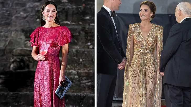 Beste glitter looks prinses Kate – Tweeluik foto's van prinses Kate. Links in roze glitterjapon van The Vampire's Wife, rechts in gouden glitterjurk van Jenny Packham.